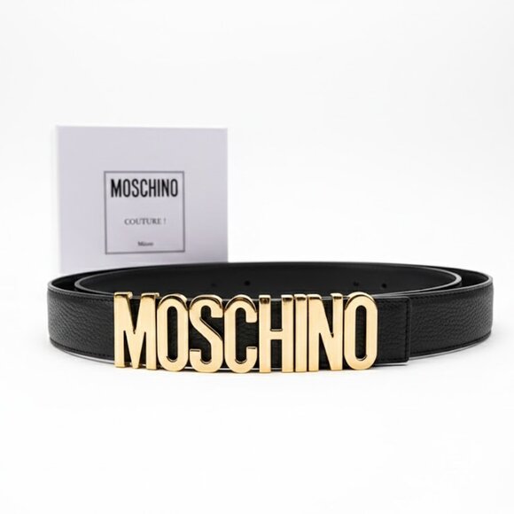 Moschino Logo Plate Belt Leather Patent Black Gold Spell Out Womens Size 48 main image 4